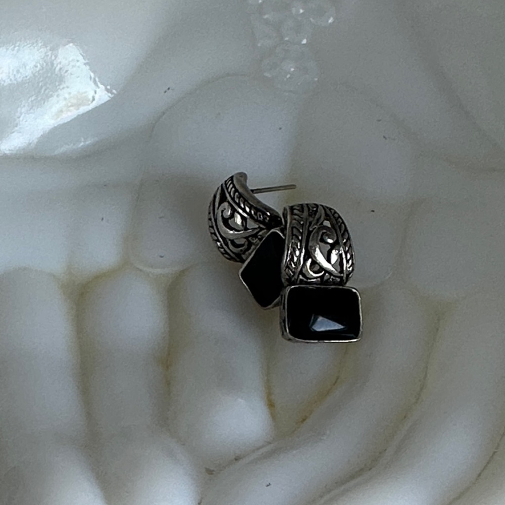 Black Stone Silver-Tone Drop Earrings - Women Jewelry